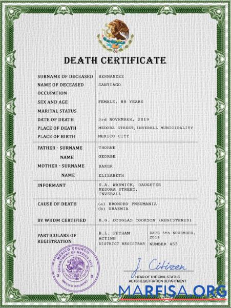 Blank Mexico death certificate PSD template